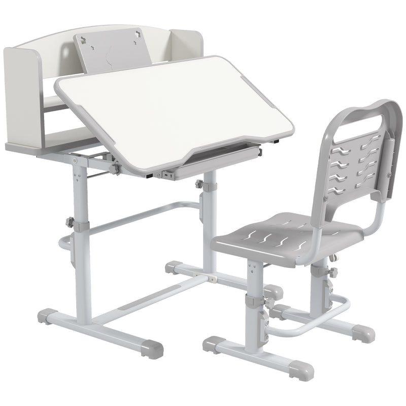 Height Adjustable Kids Study Desk and Chair Set With Storage for Homework Time, Grey