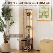 Modern LED Floor Lamp With Shelves And Drawer For Living Room Or Bedroom, Rustic Brown