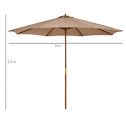 3m Wooden Garden Parasol with 8 Ribs for Outdoor Patio Sun Shade Shelter Khaki AOSOM