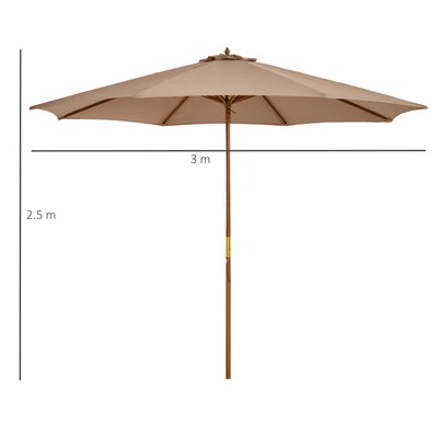 3m Wooden Garden Parasol with 8 Ribs for Outdoor Patio Sun Shade Shelter Khaki AOSOM