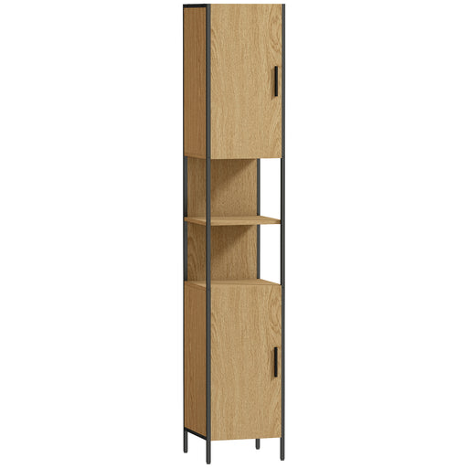 Tall Bathroom Storage Cabinet with Doors Adjustable Shelves and Open Shelves, Natural Wood