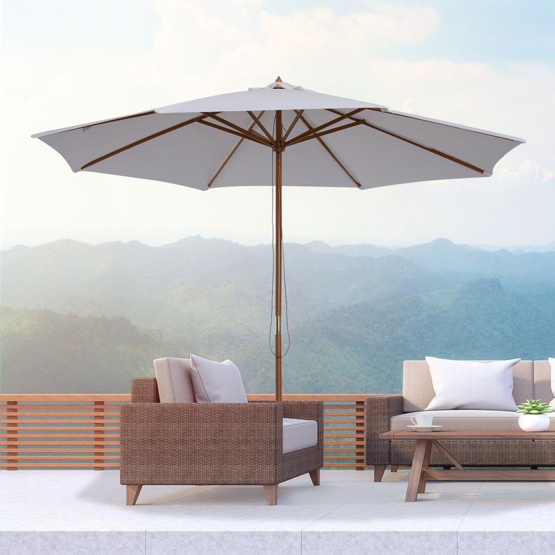 3m Wooden Garden Parasol with Pulley Mechanism and Base for Patio or Market Use White AOSOM
