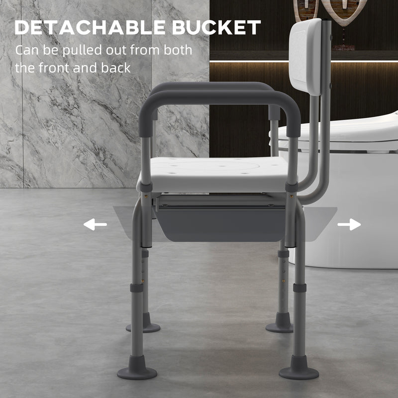 Height Adjustable Shower Stool with Arms Backrest and Removable Commode for Elderly, White