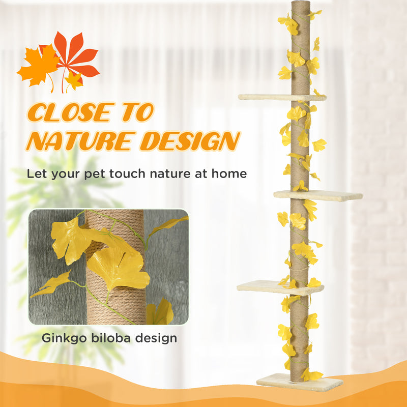 Tall Adjustable Cat Tree with Perches and Faux Leaves for Climbing and Play Yellow