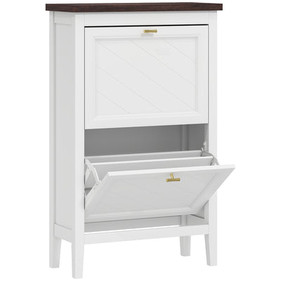 Narrow Shoe Cabinet for Hallways with 2 Flip Drawers White With Gold Handles 60 x 27 x 97 cm Homcom