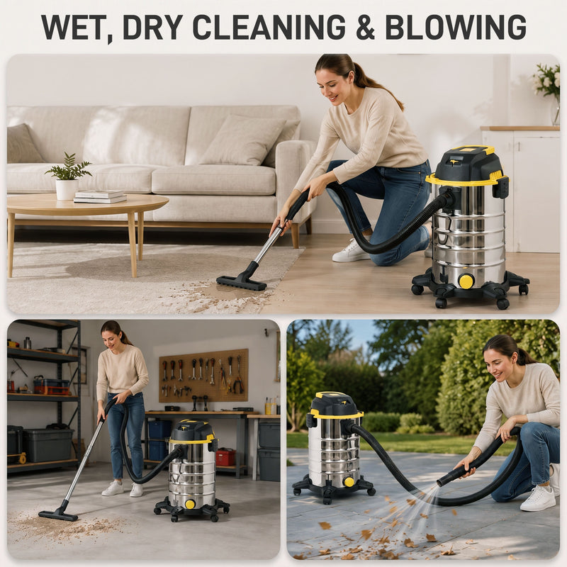 Wet and Dry Vacuum Cleaner for Fast Spill and Dust Removal with Large 30L Bin Silver Black Yellow