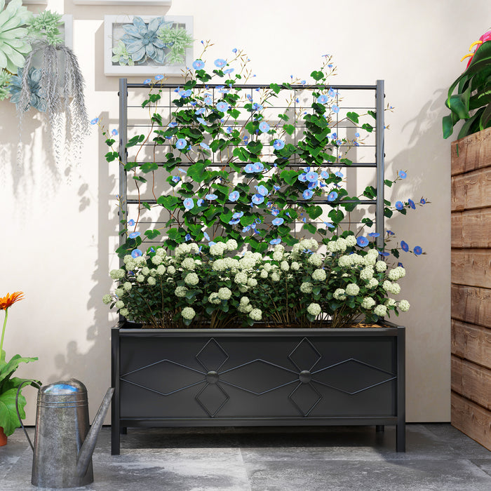 Black Raised Garden Bed with Trellis Galvanised Planter Box with Drainage for Vegetables and Herbs by Outsunny