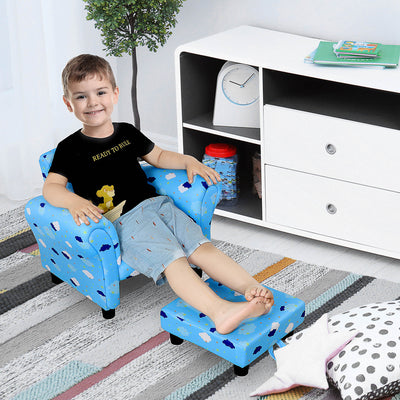 Kids Wooden Armchair with Footrest and High Back for Bedroom or Playroom, Blue