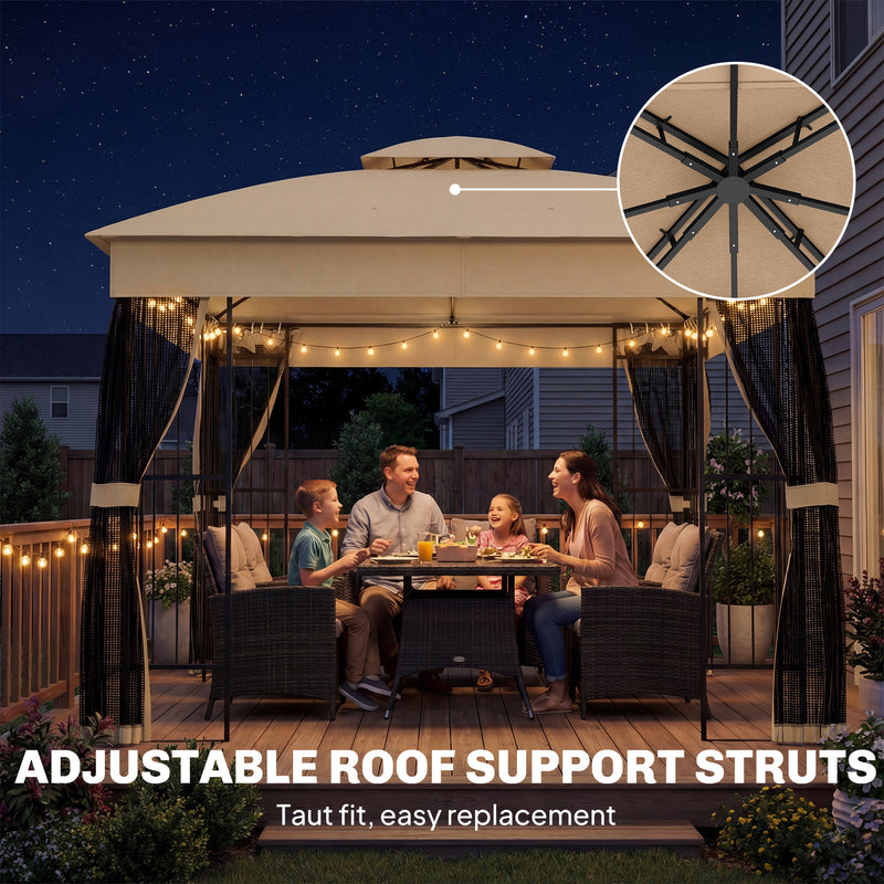 3x3m Garden Gazebo with Metal Frame Mesh Sides and Shelves for Shaded Outdoor Relaxing Brown Outsunny