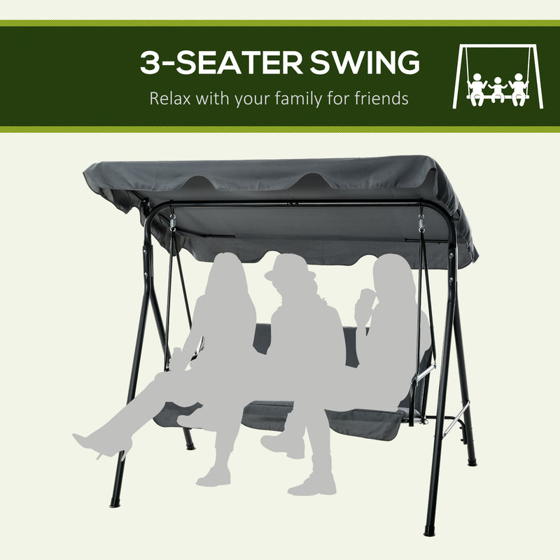 Grey 3 Seater Garden Swing Chair With Adjustable Canopy And Cushions For Outdoors Outsunny