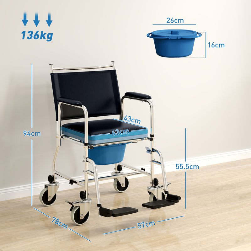 Rolling Shower Commode Chair with Wheels Padded Seat and Backrest for Seniors and Disabled by HOMCOM AOSOM