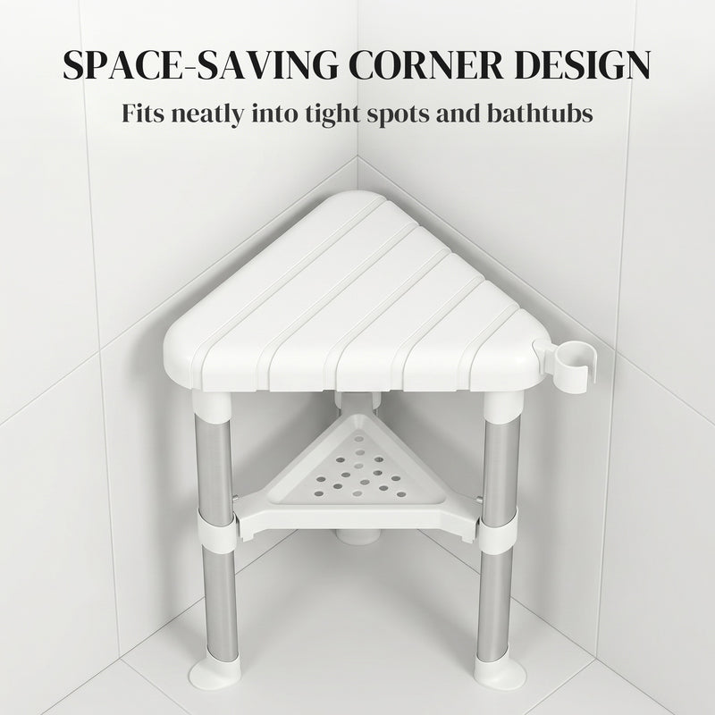 Corner Shower Stool with Adjustable Height and Storage Shelf for Compact Bathrooms White