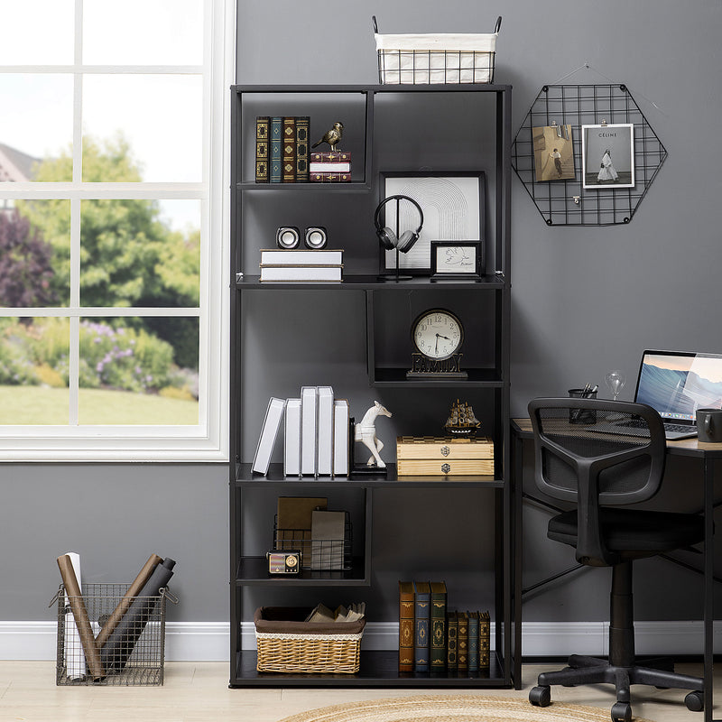 7 Tier Industrial Bookcase With Open Shelves For Living Room Or Office Storage Black AOSOM