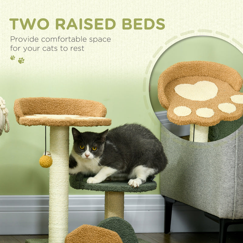 Small Cat Tree with Scratching Posts Two Beds and Toy Ball for Indoor Use, Grey