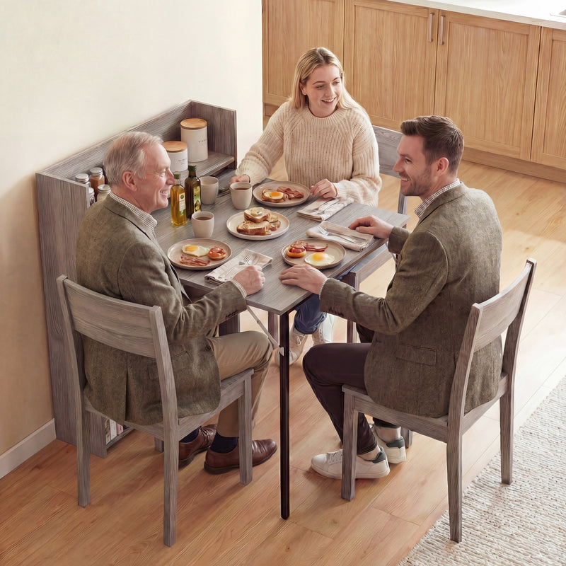 Extendable Folding Dining Table with Storage Shelves for Small Spaces Grey Wood Effect