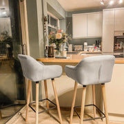 Set of 2 Upholstered Bar Stools with Solid Wood Legs for Kitchen or Dining Room Beige