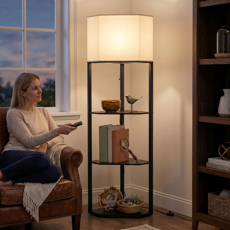 Floor Lamp with Shelves for Extra Storage and Adjustable Lighting Black Beige