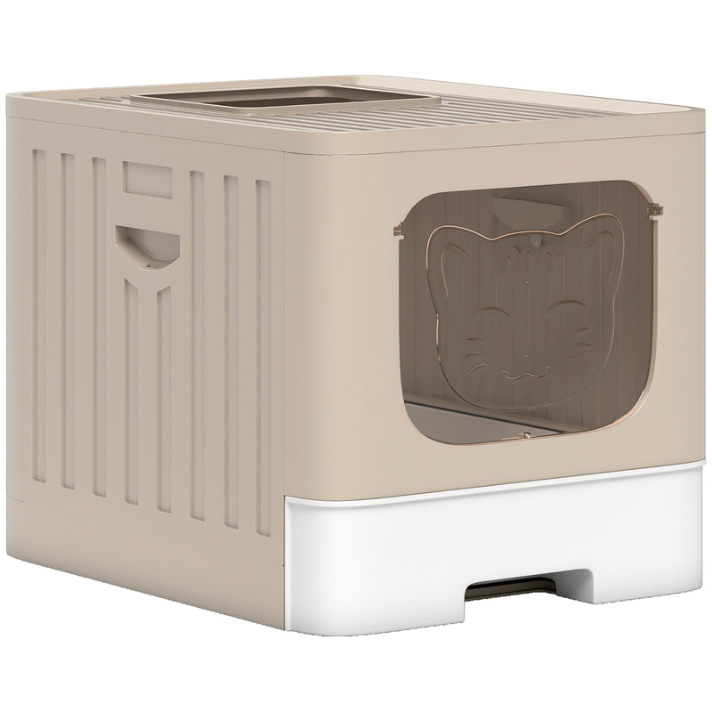 Foldable Cat Litter Box with Lid and Pull Out Drawer for Easy Cleaning Khaki AOSOM