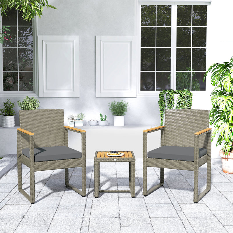 Grey 3 Piece Rattan Bistro Set With Cushions and Table for Garden or Balcony by Outsunny