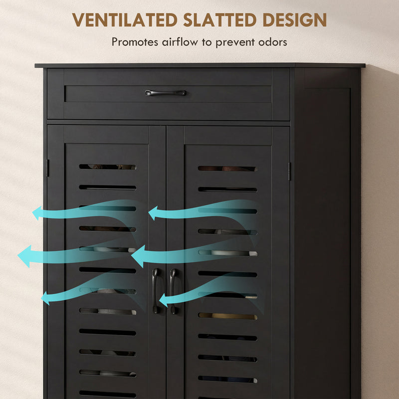 Black Shoe Storage Cabinet For Entryway with Louvered Doors Drawer and Adjustable Shelves 78x37x115cm Homcom