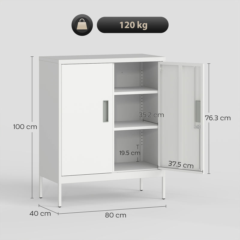 Metal Storage Cabinet With Lockable Doors And Adjustable Shelves For Office Use White