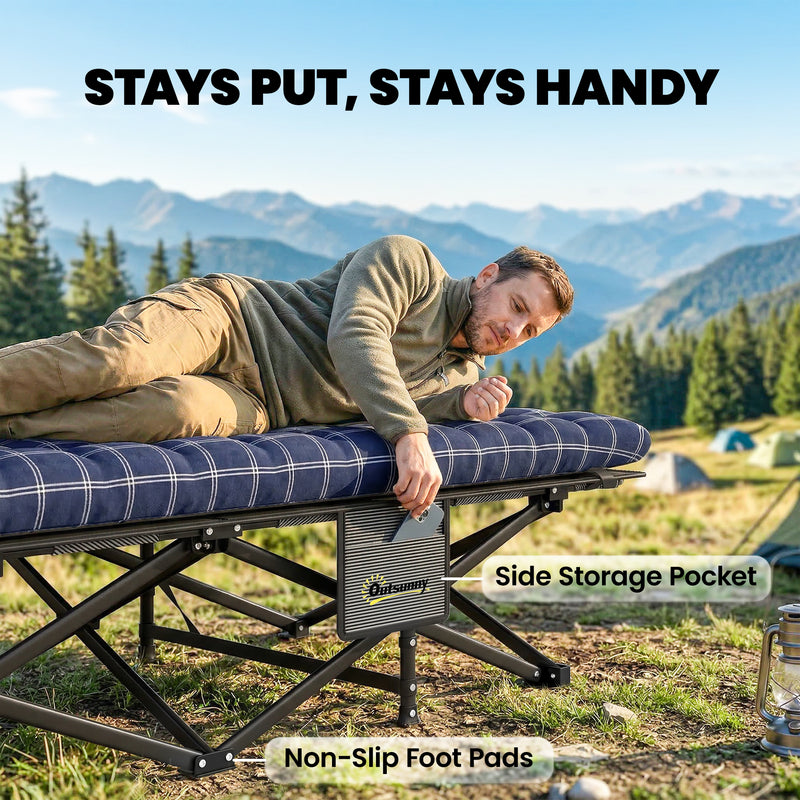 Folding Camping Bed with Extra Wide Surface and Removable Padded Mattress Blue