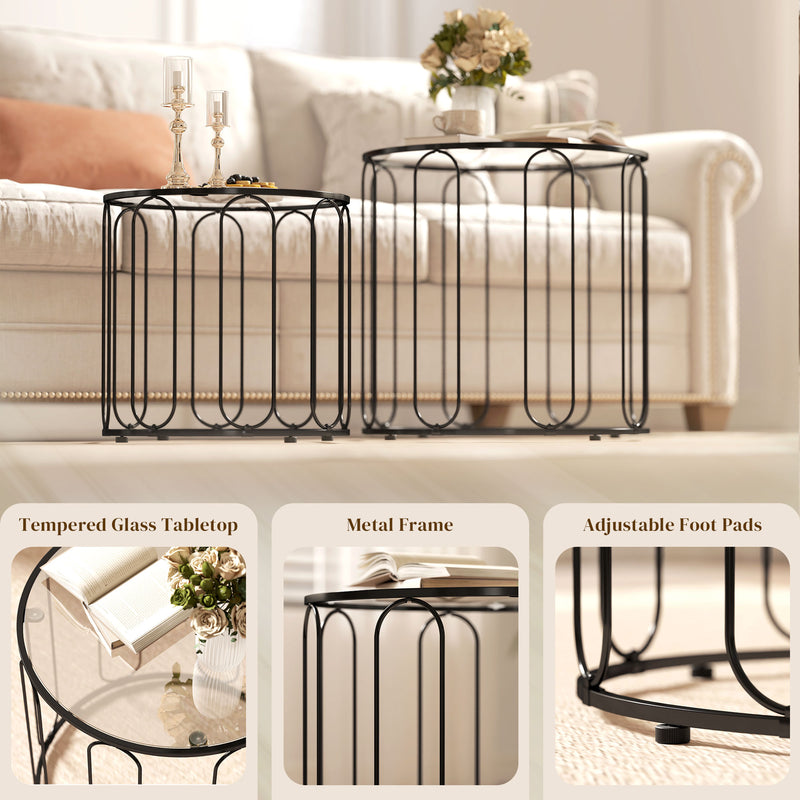Coffee Tables, Modern Side Tables For Living Room Set of 2 - Tempered Glass & Black Metal Frame