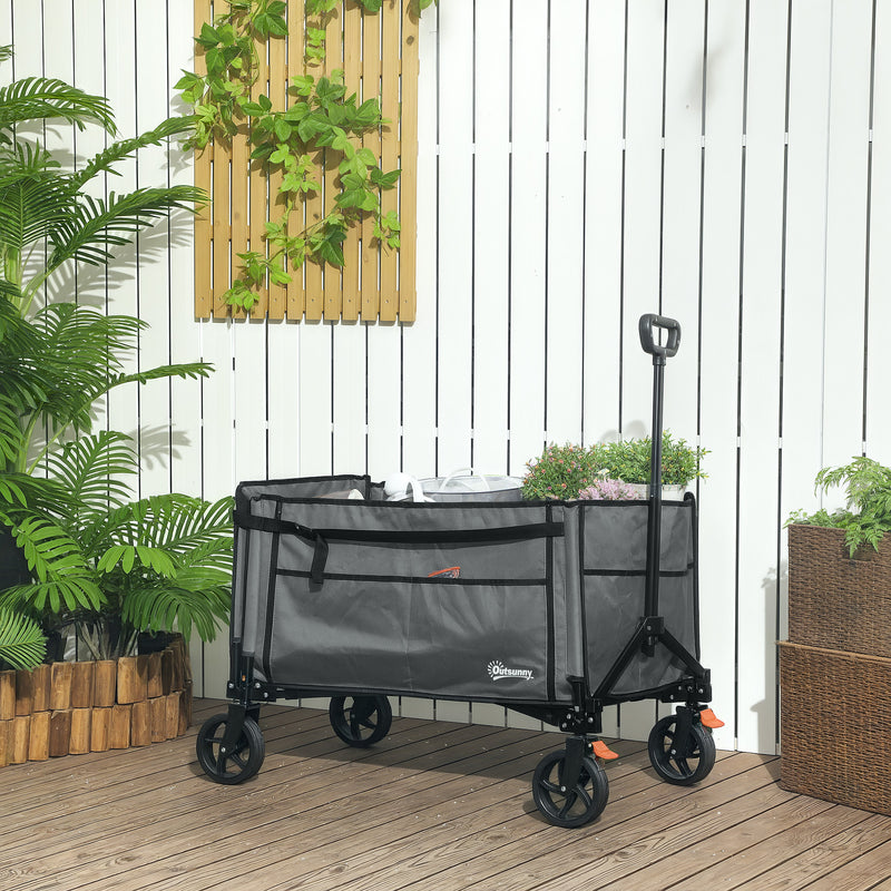 Grey 150L Folding Trolley Wagon with Wheels Brakes and Adjustable Handle by Outsunny