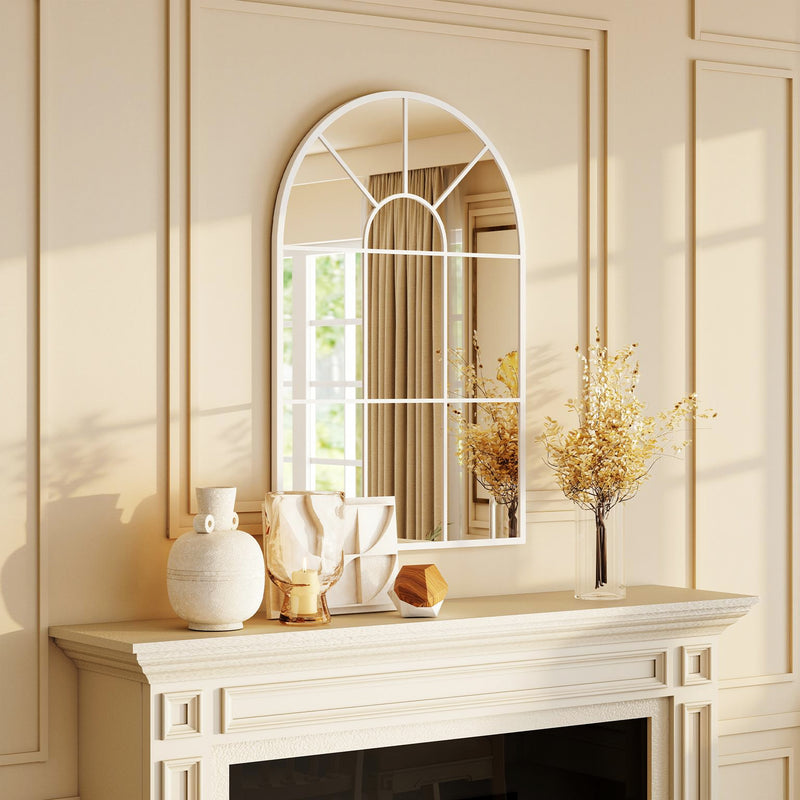 Grid Mirror Design Arched Wall Mirror With Grid Design 90x61cm White | Opal Retail UK