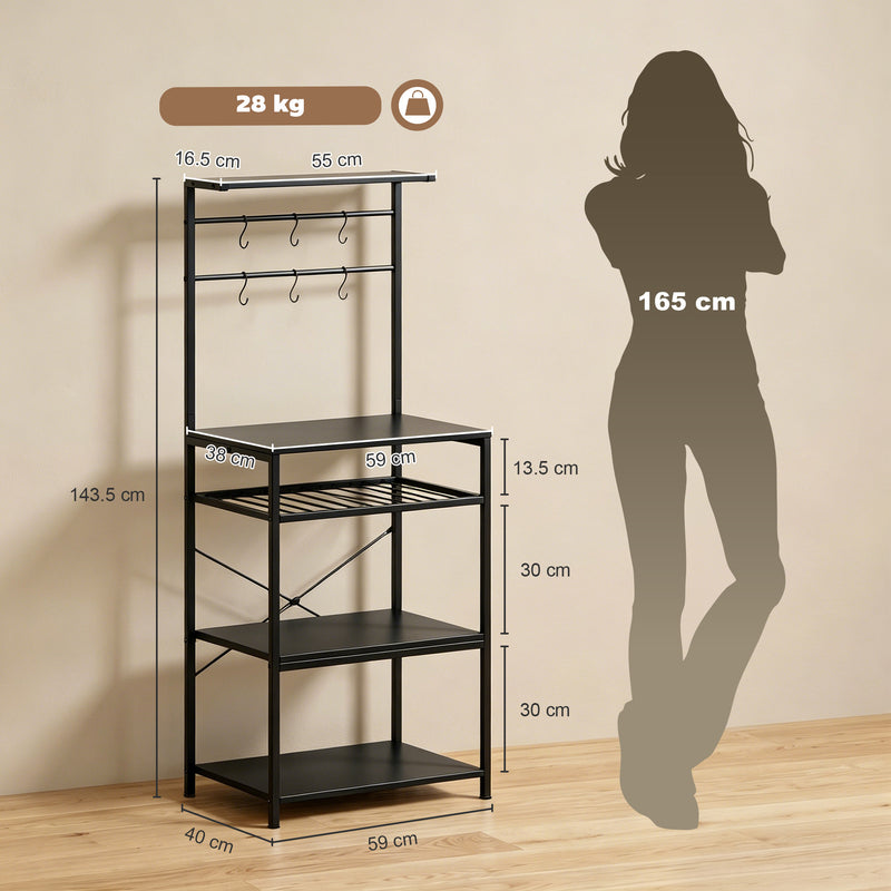 Kitchen Storage Shelf with Wine Rack and Hooks for Small Spaces Black