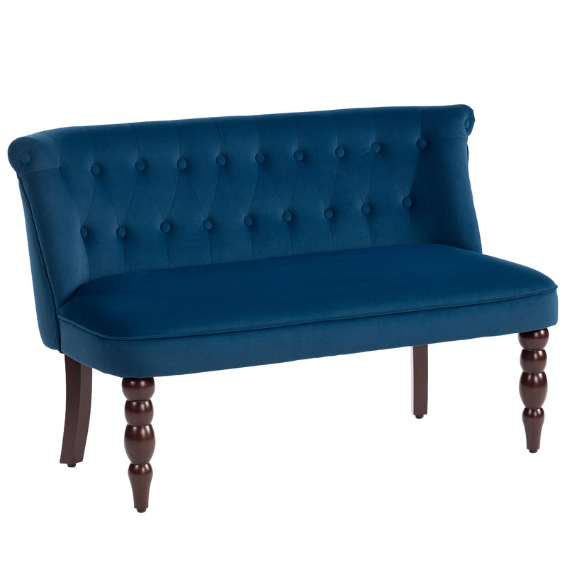 Dark Blue Velvet 2 Seater Wingback Sofa With Button Tufting And Wooden Legs For Living Room
