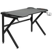 Black K-shaped gaming desk on a white background with the cup holder at the right end