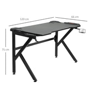 Dimensions diagram of the gaming desk showing 120 cm width, 66 cm depth and 75 cm height