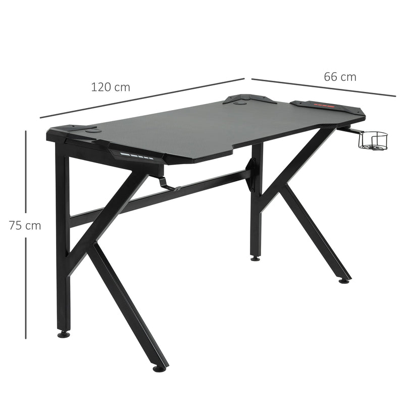 Dimensions diagram of the gaming desk showing 120 cm width, 66 cm depth and 75 cm height