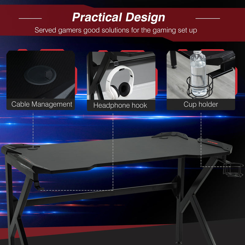 Practical design panel showing cable management, headphone hook and cup holder details