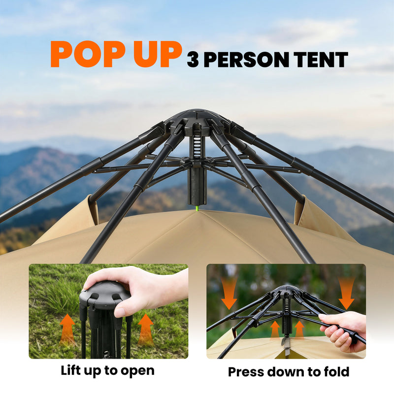 Pop Up 4 Person Tent for Quick Group Camping Shelter with Mesh Windows Brown and Khaki