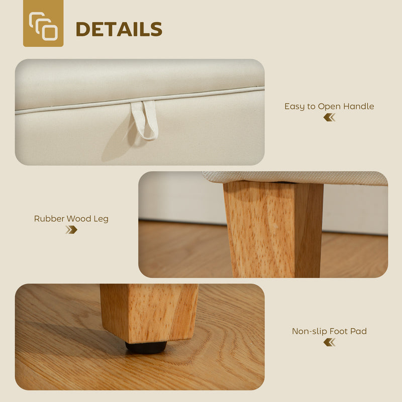 30L Beige Linen Storage Ottoman with Padded Seat and Wooden Legs for Bedroom or Hallway