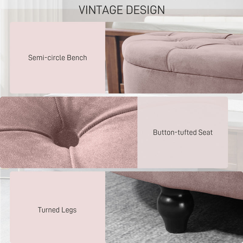 Semi Circle Storage Ottoman Bench With Tufted Seat For Bedroom Or Hallway, Pink