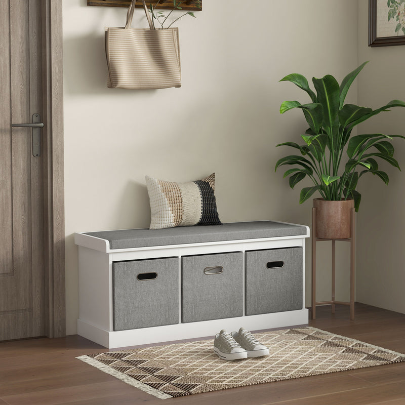 Three Drawer Shoe Storage Bench With Padded Seat Ideal For Hallway or Entryway, White