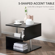 Set of 2 Wooden S Shape Coffee Tables with 2 Tier Storage Shelves for Living Room Black