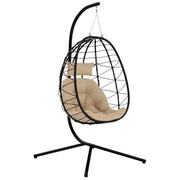 Hanging Egg Chair with Stand Thick Cushion and Headrest for Garden Patio Balcony Khaki by Outsunny