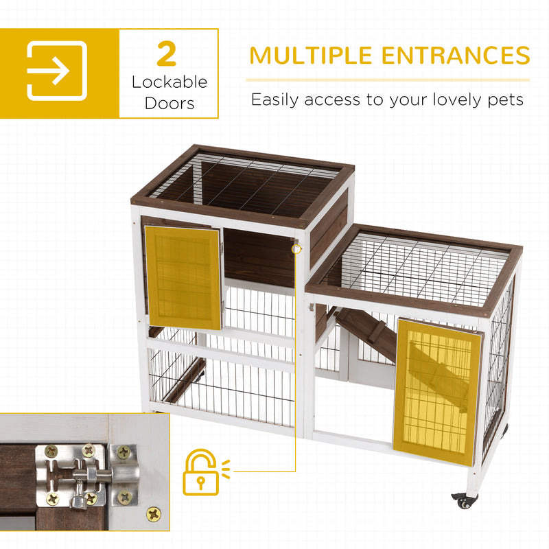 Two Tier Rabbit Hutch with Wheels for Indoor or Outdoor Use Pet Cage, Brown