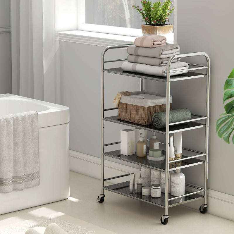 4 Tier Stainless Steel Kitchen Trolley With Adjustable Shelves For Storage, Silver