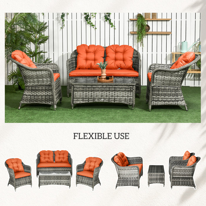 Four Piece Rattan Garden Sofa Set with Glass Top Table and Cushions Orange by Outsunny