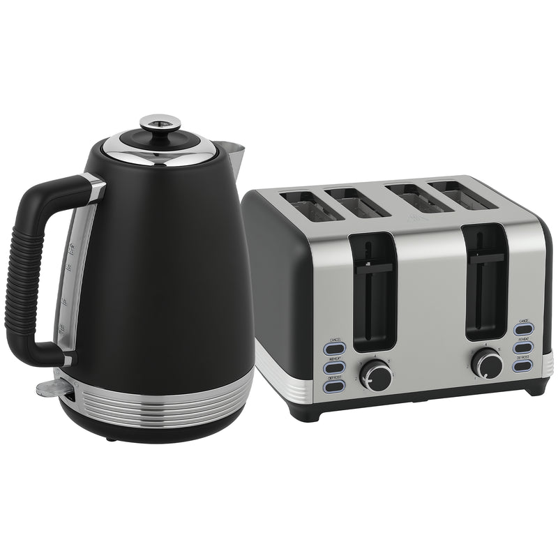 Stainless Steel Kettle and 4 Slice Toaster Set with Rapid Boil and Crumb Tray Black Silver