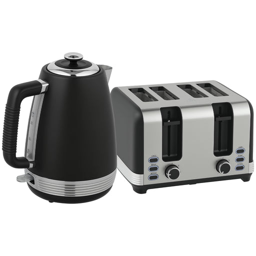 Stainless Steel Kettle and 4 Slice Toaster Set with Rapid Boil and Crumb Tray Black Silver