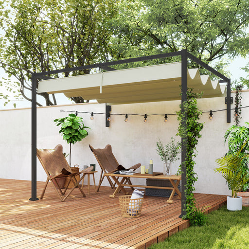 2x3m Lean To Steel Pergola with Retractable Khaki Fabric Canopy by Outsunny