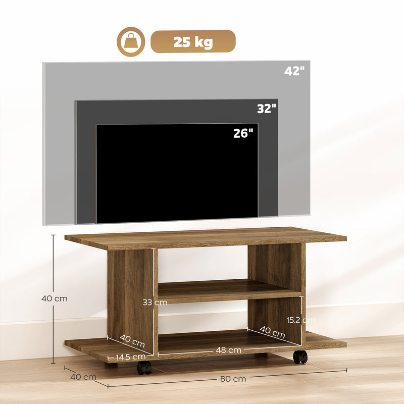 Modern TV Stand With Storage Shelves and Wheels for Bedroom or Living Room Walnut AOSOM