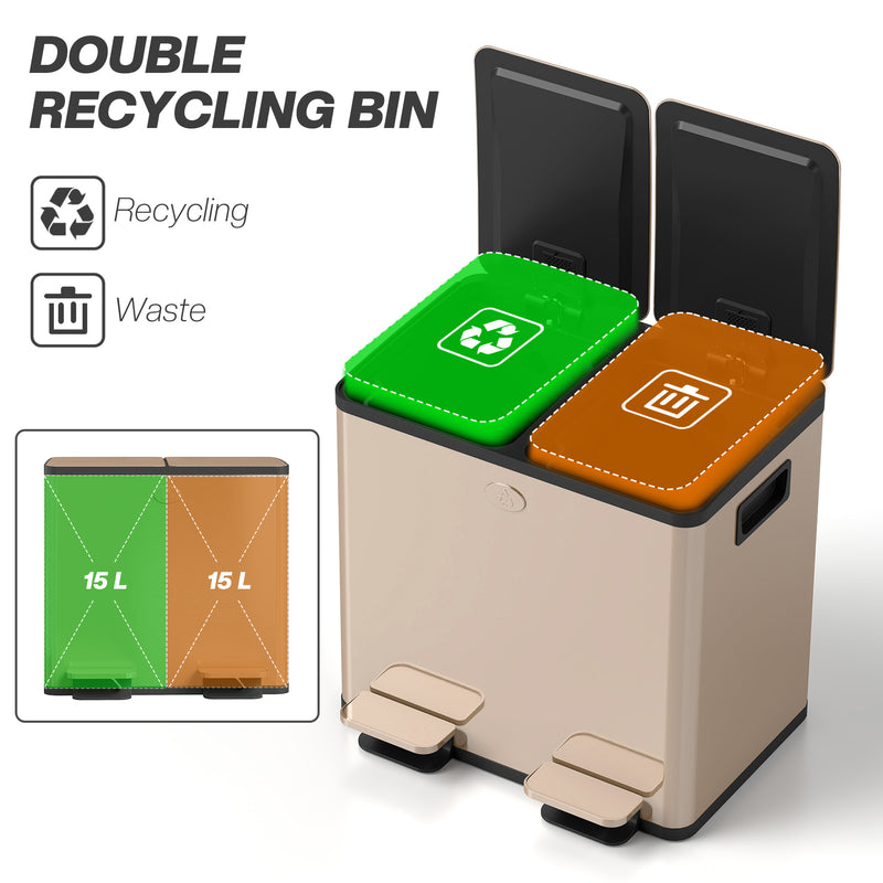 Gold 30L Double Kitchen Recycling Bin with Deodorisers for Waste Separation, Stainless Steel