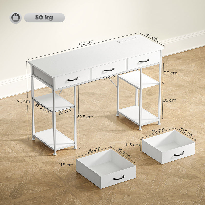 White 120cm Computer Desk with Power Outlets 3 Drawers and 4 Storage Shelves for Home Office